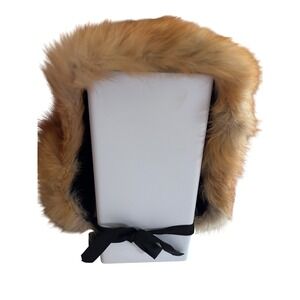 Vintage Bonwit Teller Fur Trapper Hat Ear Flaps Black Ribbon Ties Women's